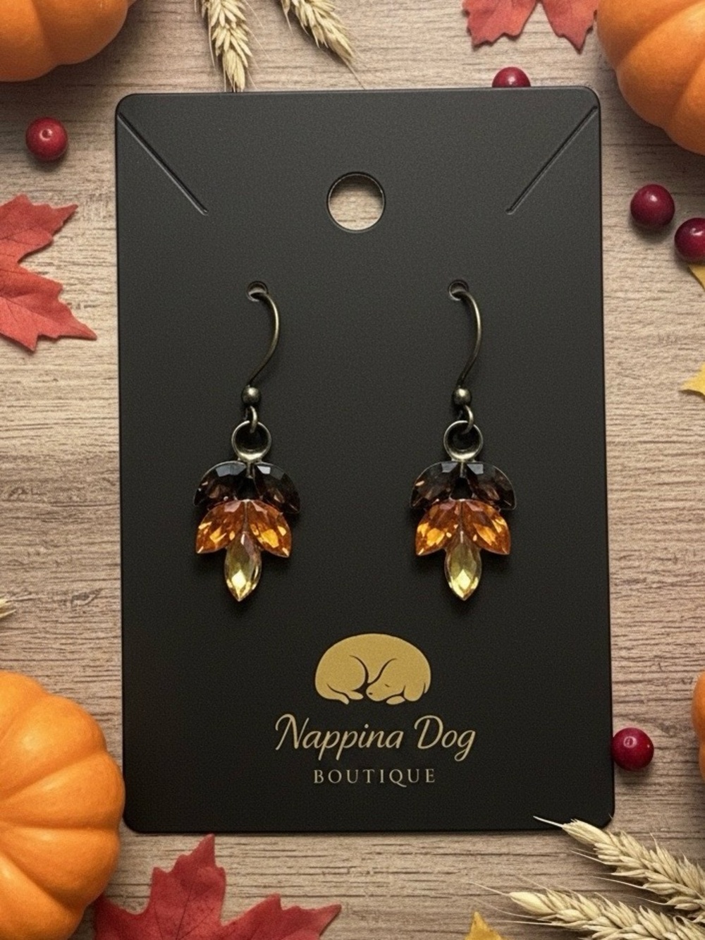 Autumn Crystal Leaf Dangle Earrings – Amber, Brown & Golden Yellow